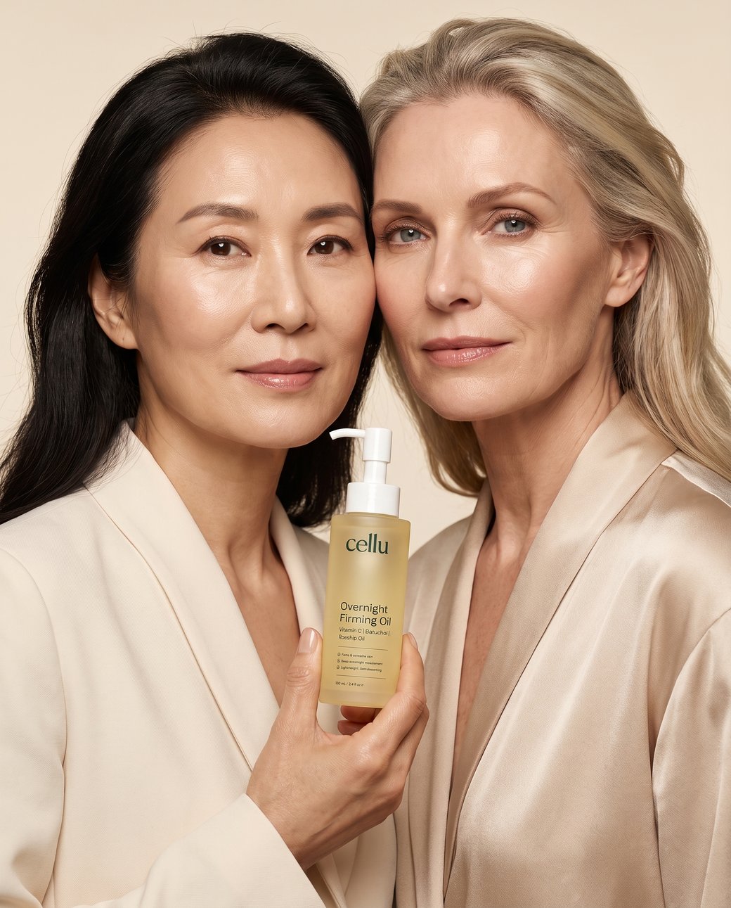 A Korean woman and a Western woman in their sixties with radiant firm skin, holding the Cellu Overnight Firming Oil