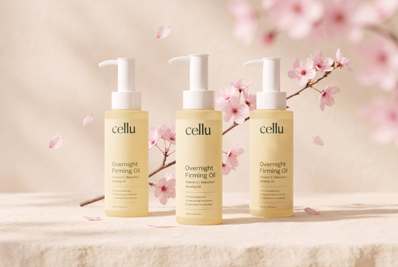 Three Cellu Overnight Firming Oil bottles with cherry blossom